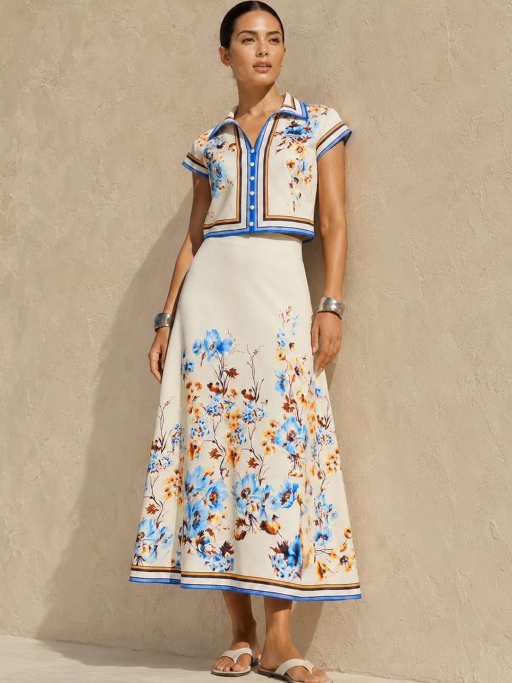 Commense 2pc Cream Floral Midi Skirt & Top with Blue Accents Size Large
